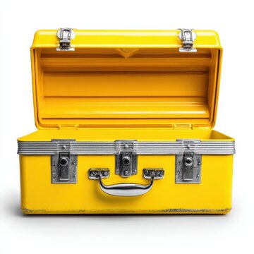 Vintage yellow toolbox with open lid showcasing organized inner space for tools and accessories