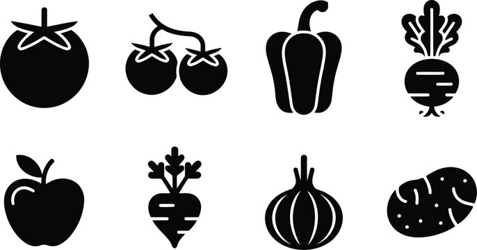 Black silhouette vegetable and fruit icons set fresh produce illustration