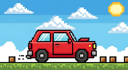 Obraz premium Retro pixel art red car driving on a sunny day with clouds and wooden blocks in a side-scrolling perspective