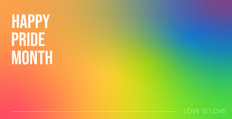 Happy Pride Month banner on vibrant rainbow gradient background. LGBTQ celebration header with Love is Love slogan and modern white typography for social media, web, event poster. Vector illustration. © millering