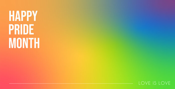 Happy Pride Month banner on vibrant rainbow gradient background. LGBTQ celebration header with Love is Love slogan and modern white typography for social media, web, event poster. Vector illustration.