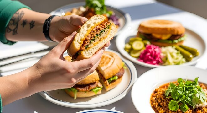 Close-up of a hand presenting a flavorful banh mi sandwich, accompanied by vibrant side dishes of pickled vegetables and savory rice bowls, showcasing modern Vietnamese cuisine.