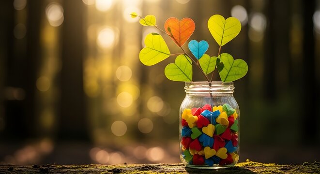 a unique glass jar brimming with colorful heart-shaped paper clips and a delicate branch adorned with vibrant heart-shaped leaves, symbolizing love and joy.