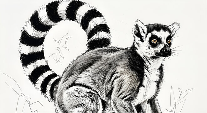 Intricate monochromatic illustration capturing the distinct charm of a ring-tailed lemur, highlighting its iconic striped tail and alert gaze with detailed artistic precision in a hand-drawn style