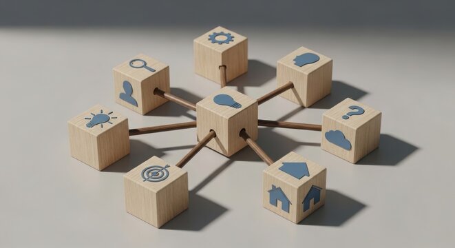 Interconnected wooden blocks with symbolic icons representing various concepts