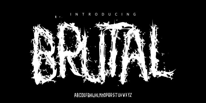 Brutal: Extreme death metal font. Aggressive spiky display for underground music logos, horror posters, and metal merch