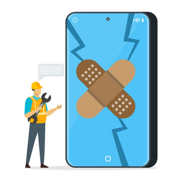 Worker creatively patches up a broken phone screen with a large bandage. Great for gadget repair and maintenance concept.