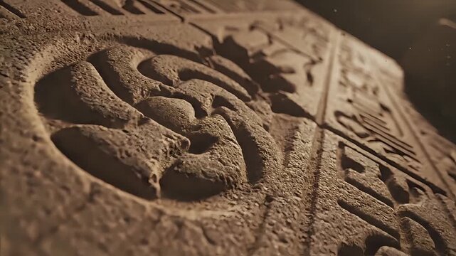 Ancient Hieroglyphs Carved into Stone Wall Closeup.