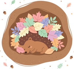 Adorable cartoon hedgehog sleeping peacefully curled up in a pile of colorful autumn leaves inside a cozy den with seasonal decor, hedgehog © Eps World