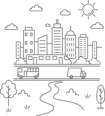 Naklejka premium Modern city skyline coloring page vector, urban landscape with skyscrapers and public transport, metropolitan city street with bus and train