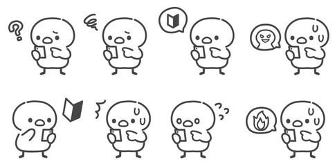 スマートフォンを持ってさまざまな表情をするひよこの手描き線画イラストセット © Nitomaru