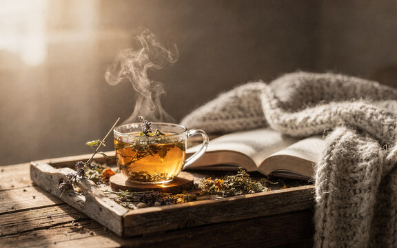 herbal tea cup with steam on wooden tray beside open book and soft bla
