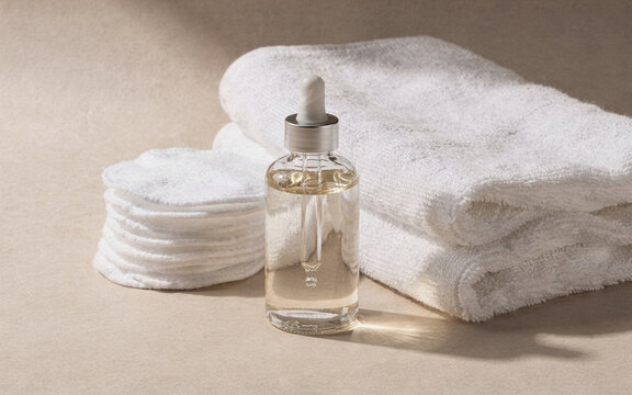 clean skincare still life with plain glass dropper bottle cotton pads