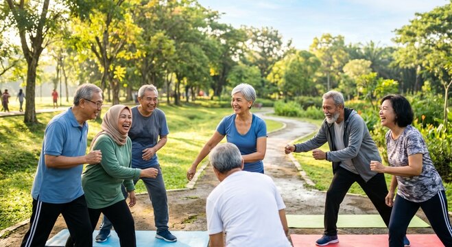 Active Senior Asian Group Exercising and Laughing Together in a Sunny Public Park