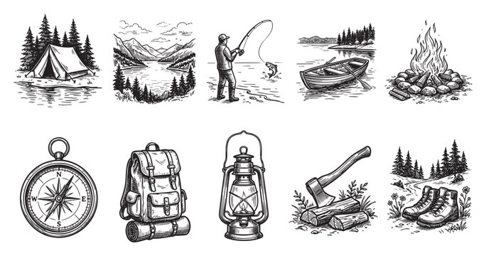 This vintage-style black and white illustration set depicts various camping and outdoor adventure elements like tents, mountains, fishing, bonfires, compasses, backpacks, lanterns, and hiking boots.