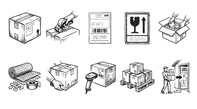 A collection of hand-drawn icons illustrating various aspects of shipping, logistics, and package handling, perfect for graphic design and informational content.