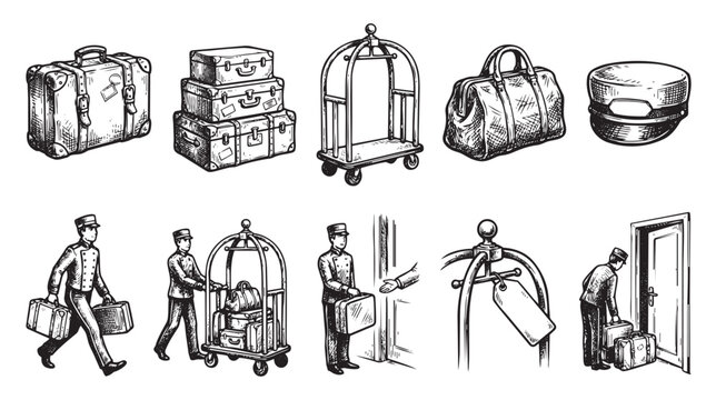 A hand-drawn sketch illustrates hotel bellhops assisting with vintage luggage and bellman carts, evoking classic travel and hospitality.