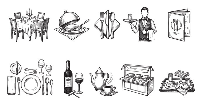 This line art collection depicts various restaurant and dining service elements, including a set table, catered food, a waiter, menu, tableware, wine, coffee, buffet, and breakfast tray.