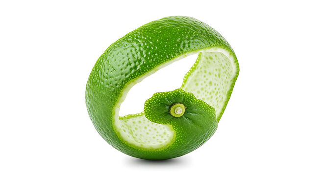 A single piece of fresh green lime peel curled into a spiral shape, ready for garnishing