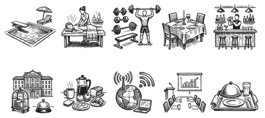 Naklejka premium A collection of hand-drawn black and white icons representing various hotel services including a swimming pool, spa, gym, dining, bar, accommodation, breakfast, Wi-Fi, meeting room, and room service.