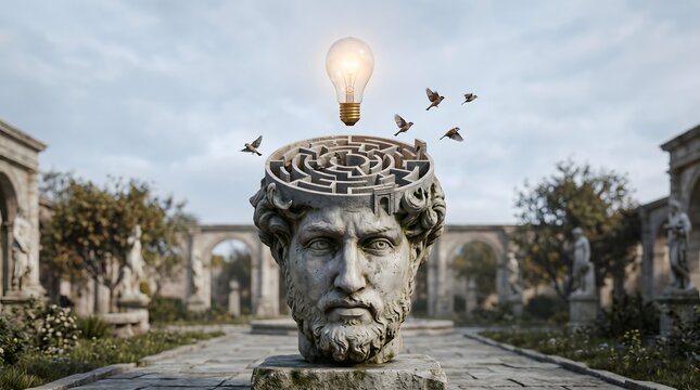 Ancient Statue Head With Maze and Lightbulb Symbolizing Ideas