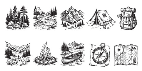 Obraz premium A collection of black and white hand-drawn illustrations featuring camping and adventure elements, perfect for outdoor themes and travel design.