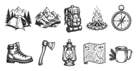 Obraz premium A collection of black and white hand-drawn illustrations depicting essential camping and outdoor adventure gear arranged in a collage.
