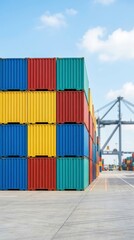 Fototapeta premium Close-up of multicolored shipping containers stacked in a port. Geometric composition showing modular storage and industrial organization in a modern freight terminal.