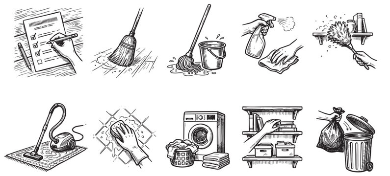 A collection of hand-drawn black and white illustrations depict various household chores and organizational tasks, including dusting, mopping, vacuuming, laundry, and tidying shelves.