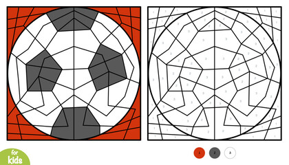 Color by number football game for kids with soccer ball. Fun and educational sports activity for preschool and children. Square picture to learn numbers and colors © ksenyasavva