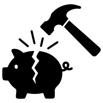 Broken piggy bank with hammer cracked money