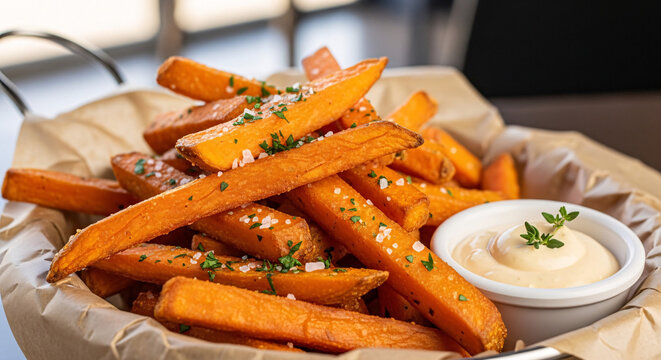 Crispy sweet potato fries with sea salt, herbs, and creamy aioli served in a basket