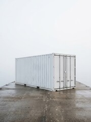 Fototapeta premium Isolated white refrigerated shipping container on a misty dock. Conceptual image representing the cold chain, perishable goods transport, and specialized maritime logistics.