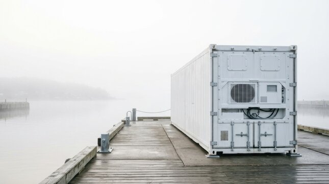 Isolated white refrigerated shipping container on a misty dock. Conceptual image representing the cold chain, perishable goods transport, and specialized maritime logistics.
