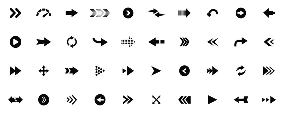 Arrow icon set. Arrow. Cursor. Black vector arrows icons. Collection different arrows sign. Modern simple arrows. Black arrow pointing to the right. Black direction pointer. Vector illustration.