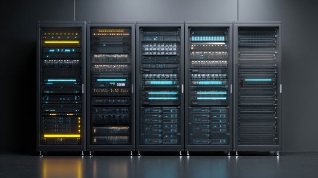 home server rack with organized cable management and glowing LED indicators, modern interior, photorealistic, highly detailed, no text, no logo