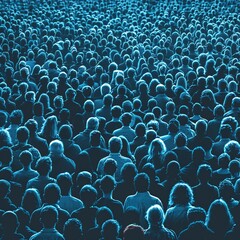 Obraz premium A large crowd of people with blue tones in a dimly lit setting
