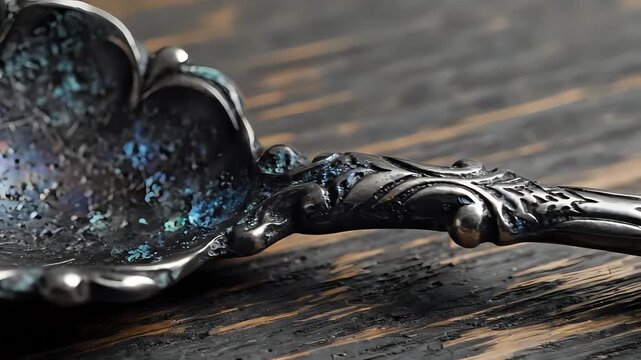 Closeup of an ornate antique silver spoon with iridescent patina on a rustic wooden surface.