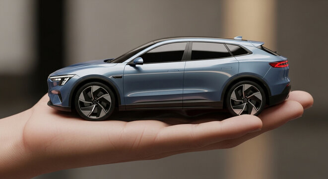 Hand holding luxury silver SUV car model against blurred background