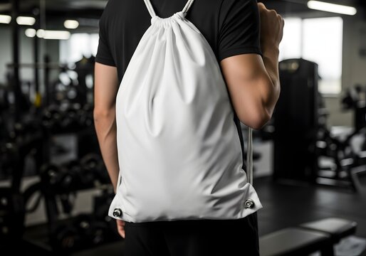 Back view of a man wearing a blank white drawstring bag over a black t-shirt in a fitness center with gym equipment and weights visible in a blurred background.