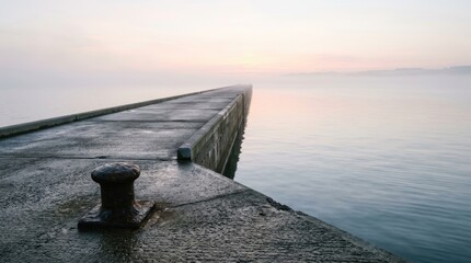 Obraz premium Minimalist view of an empty concrete pier at dawn with a mooring bollard. Peaceful maritime landscape representing potential, space, and the quiet side of harbor logistics.