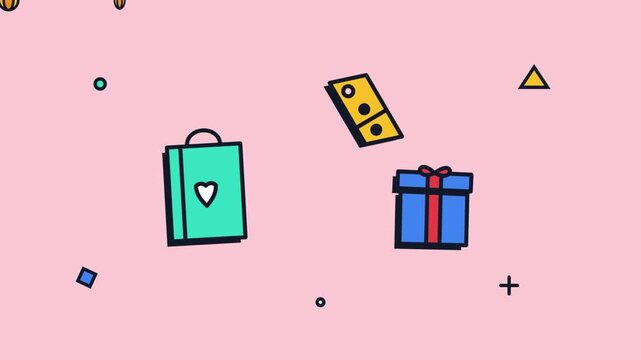 Animated Flat Vector Illustration of E-Commerce Shopping Bag and Bouncing Surprise Gift Box on Pink Background