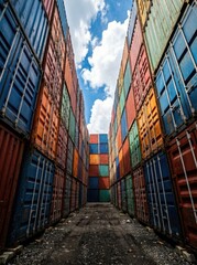 Fototapeta premium Low angle perspective between high stacks of multicolored shipping containers. Geometric industrial landscape showing the scale of modern cargo storage and terminal logistics.