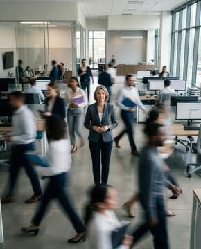 Portrait of a confident mature businesswoman standing still in a busy modern office with motion blurred colleagues