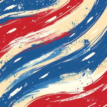 A vibrant abstract artwork featuring red, white, and blue brushstrokes on a beige background.