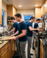 Naklejka premium Multiple exposure of a busy man multitasking in the kitchen cooking dinner and washing dishes