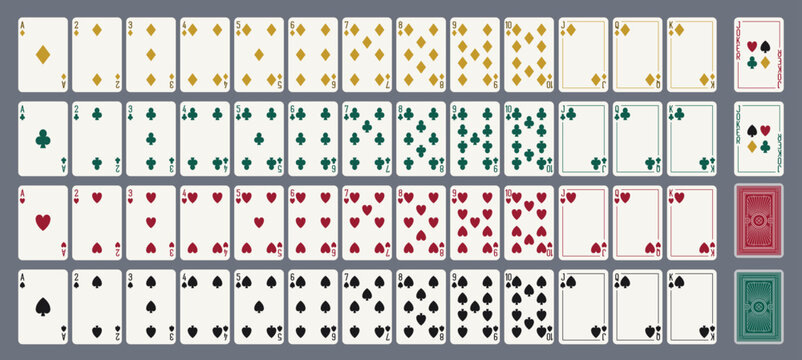Vector playing cards for Poker and other games. Full deck, flat design.