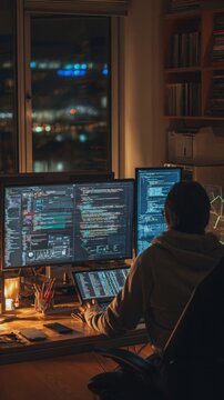 programmer working late at a computer with code and data dashboards on screen, soft ambient lighting, cozy workspace, cinematic realism