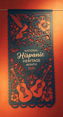 Fototapeta premium Colorful banner with bird, guitar, flower illustration. Sign displays Hispanic Heritage Month, symbolizing cultural celebration, tradition, community