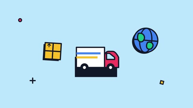 Animated Flat Vector Illustration of Global Shipping Logistics Delivery Truck and Cargo Box on Blue Background